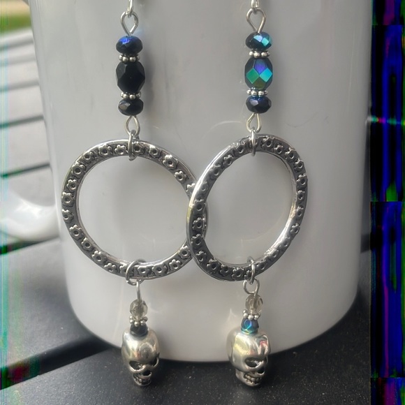 Hand Crafted Jewelry - Hand crafted skull Czech glass hoop earrings
